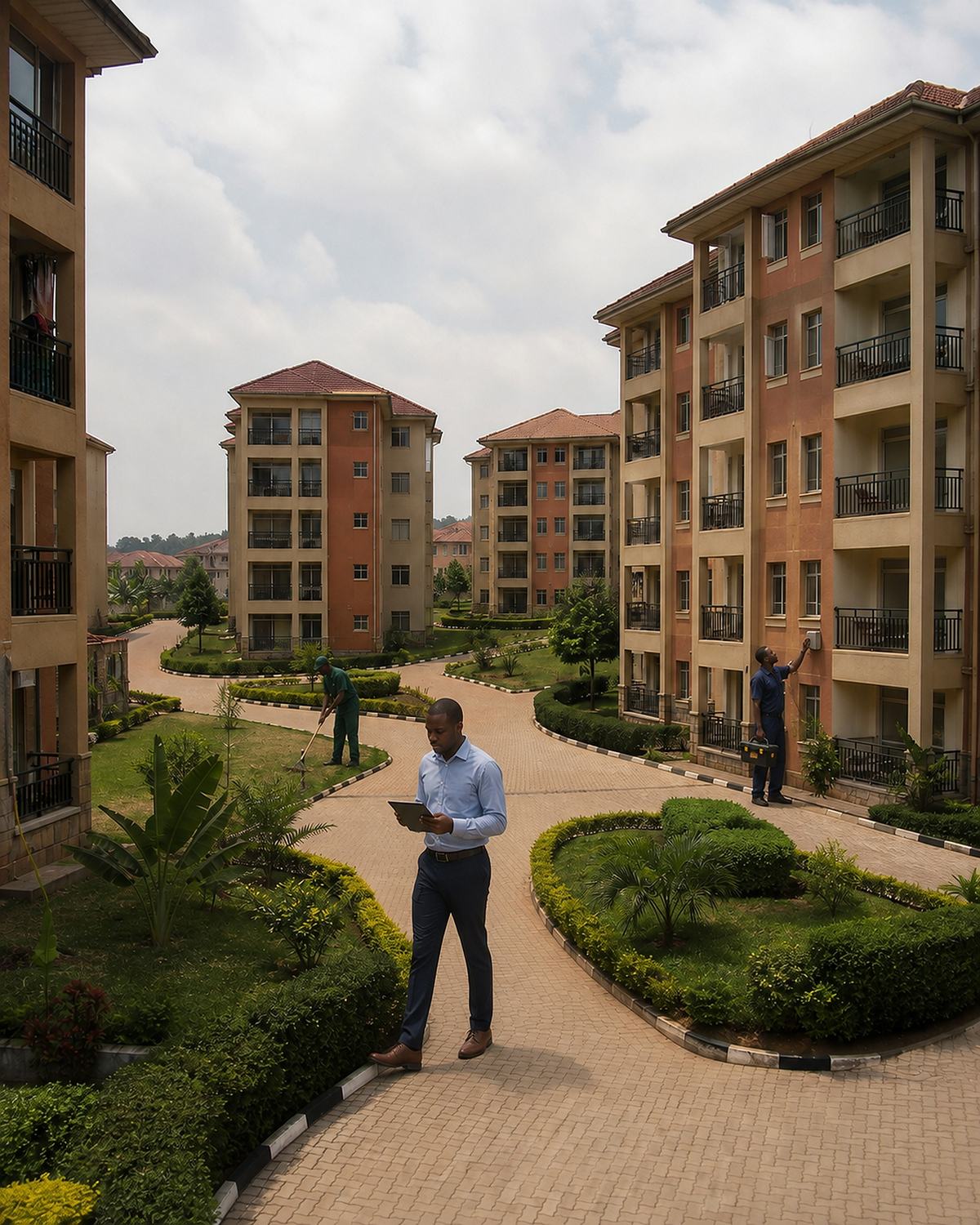 ROEL Consultants property manager inspecting a residential apartment estate in Kampala while grounds and maintenance staff work